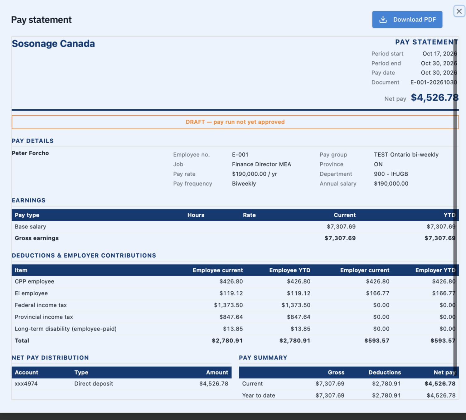 Actual Lunari draft pay statement showing earnings, deductions, employer contributions and net pay