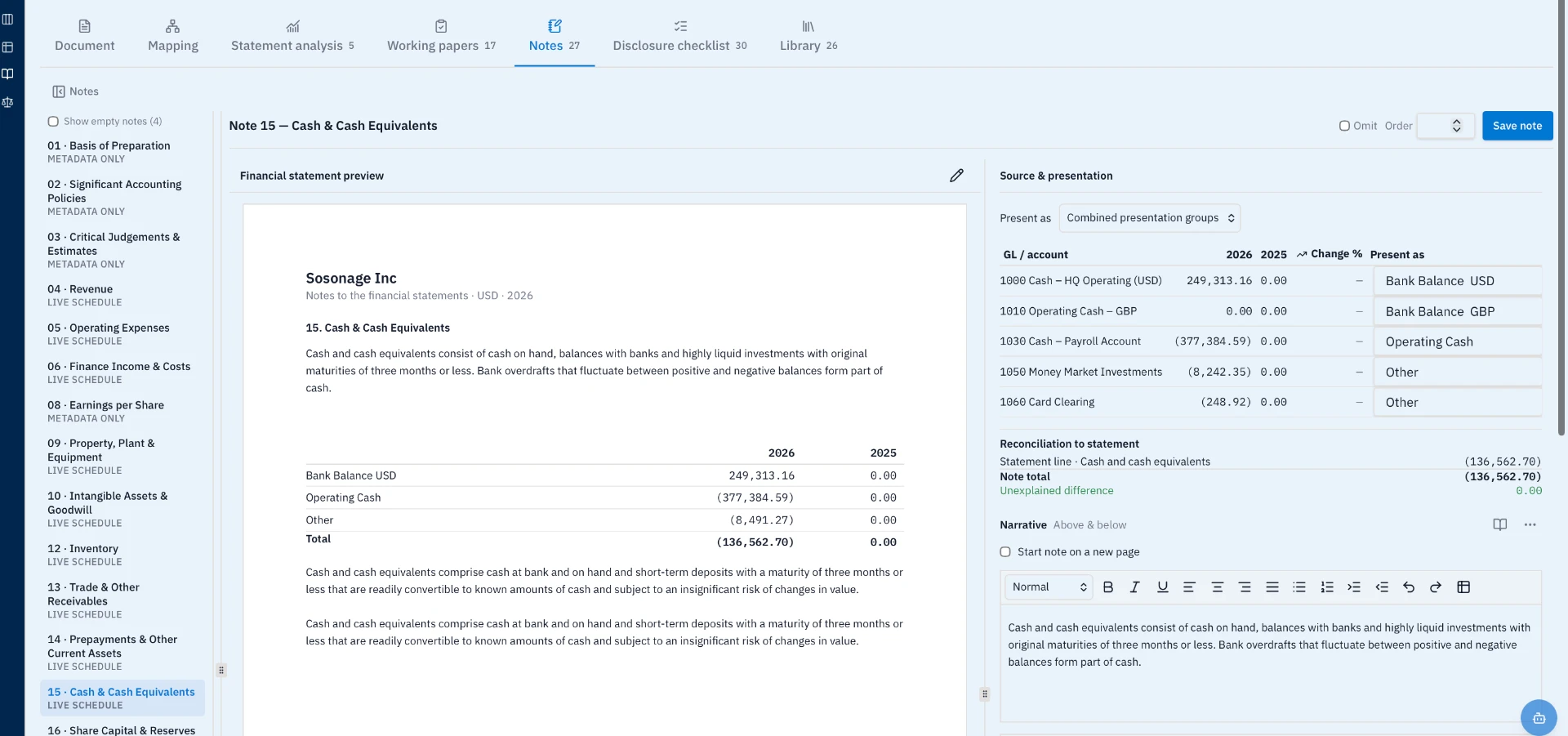 Lunari Disclosure Management: Cash and Cash Equivalents note, source accounts, narrative editor and reconciliation to the financial statement