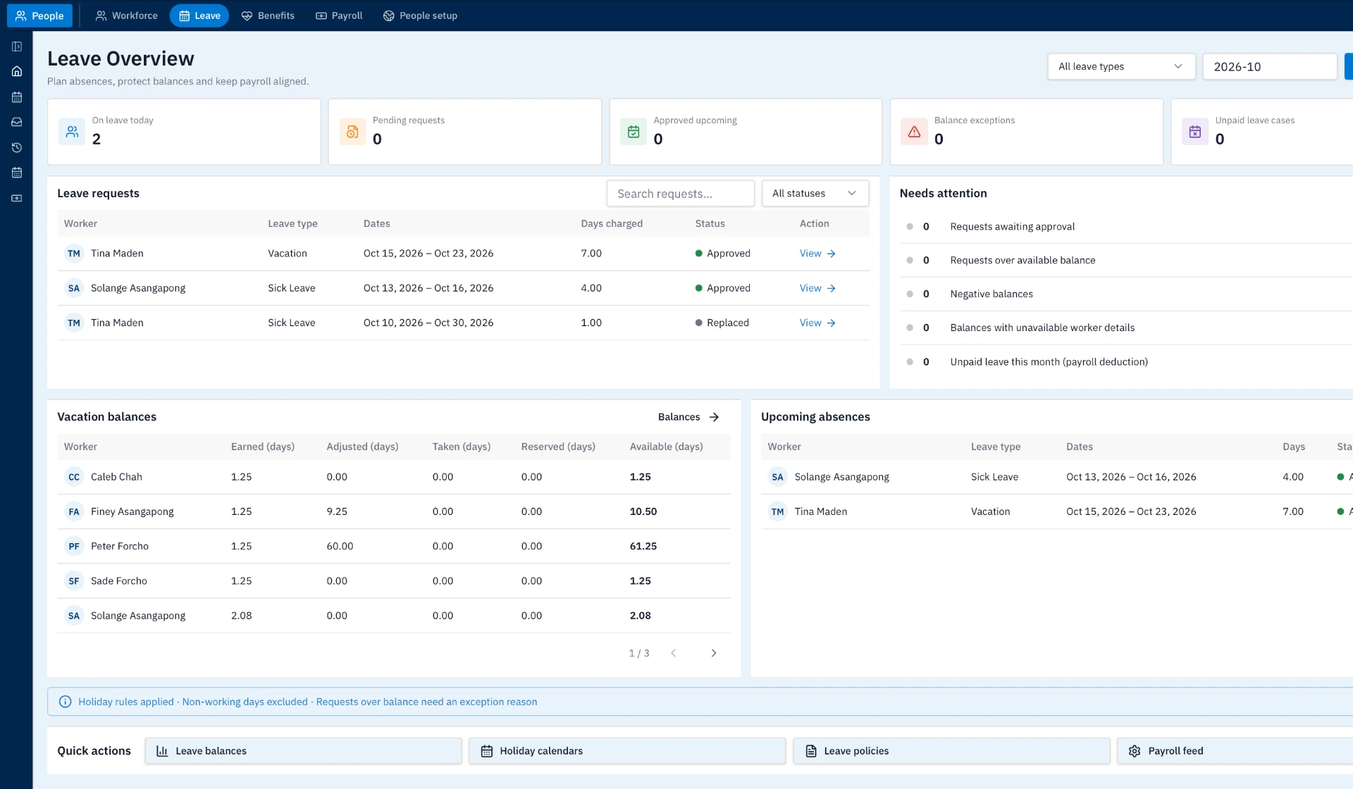 Lunari leave workspace with request statuses, vacation balances, upcoming absences and payroll feed