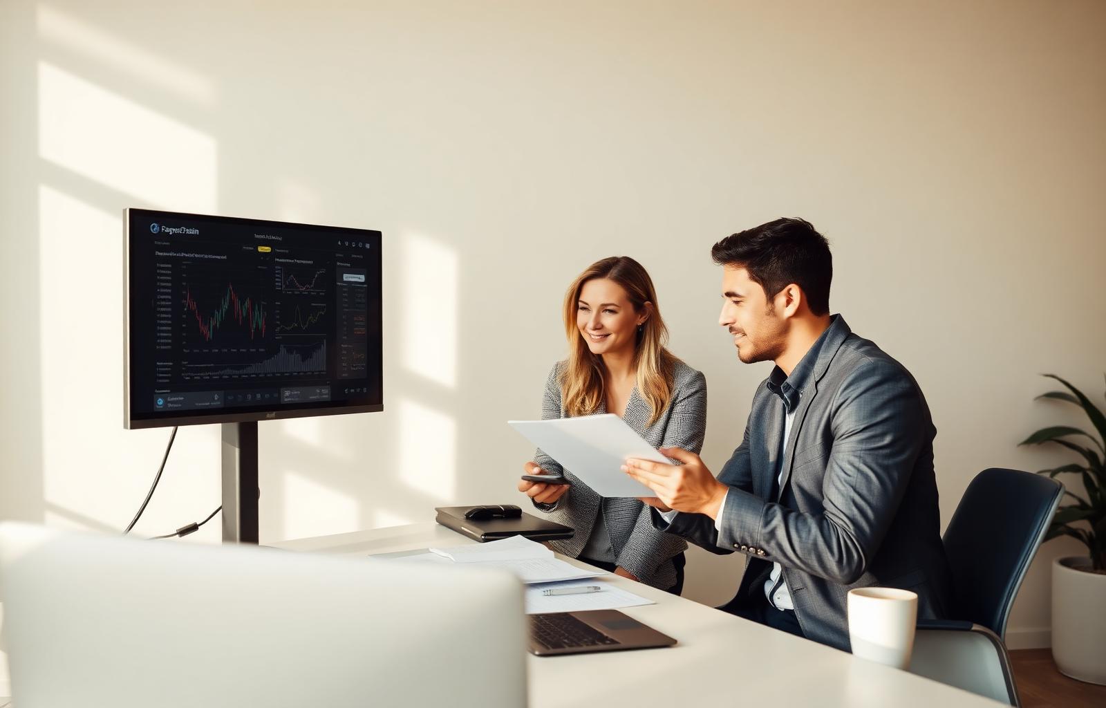 Two finance professionals reviewing a Lunari dashboard